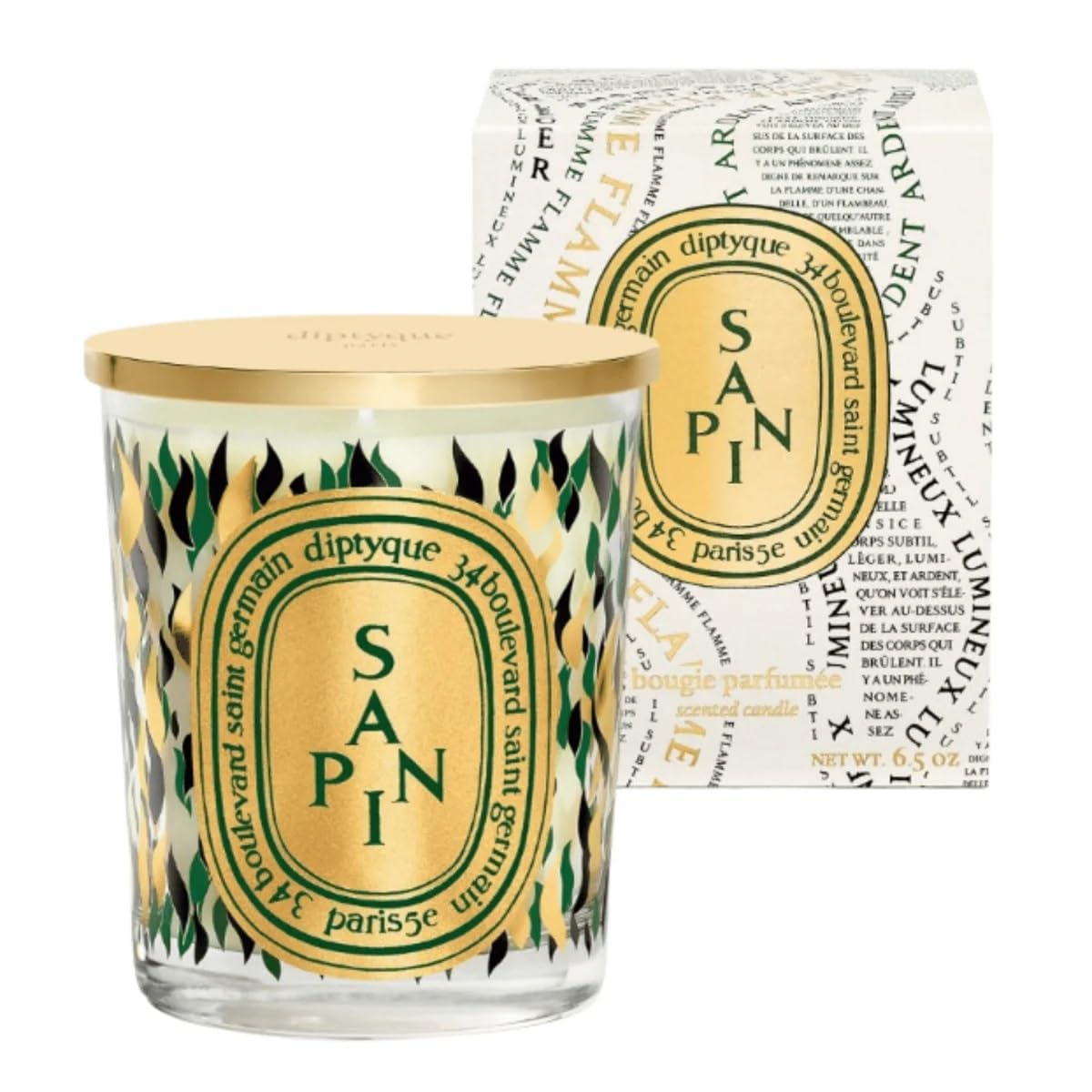 Diptyque Scented Candle Sapin (Pine Tree) 6.5 oz - (Scent of Pure Mountain Pine, deepened with The Dense, Smoky Notes of a Crackling Fireplace)