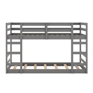 Twin Over Twin Low Bunk Bed, Solid Wood Floor Bunk Bed with Ladder, for Toddlers Kids Boys Girls (Gray)