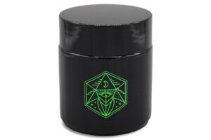 small tinted glass storage jar and lid with painted artwork - uv light protection for herbs & spices seasoning and kitchen organization & storage - black and ancient symbol design | pack of 1 - 100 ml