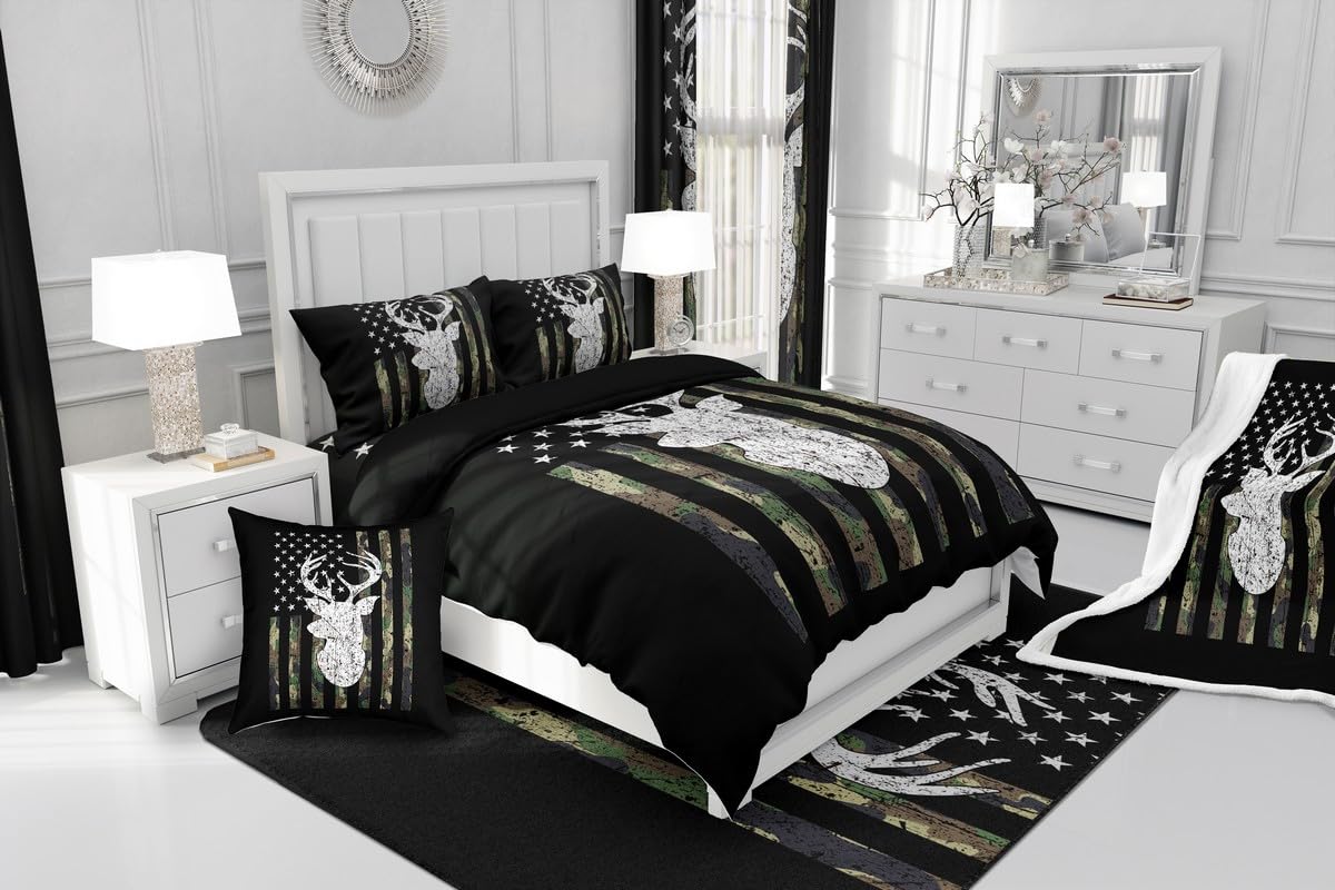 Deer Camo Comforter Set Queen Antlers Hunting Camo Bedding Sets For Teen Boys Men Camouflage American Flag Bed Comforter Set ,Western Farmhouse Wild Animal Bedding Quilt Black White Home Decor 3 Pcs