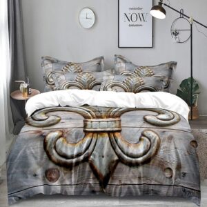 Flowers Fleur De Lis Duvet Cover Set King Include 1 Duvet Cover 2 Pillowcases Vintage Flower Iron Tin Antique Ornate Rustic Sign Wooden Comforter Cover Microfiber Soft Bedding Sets