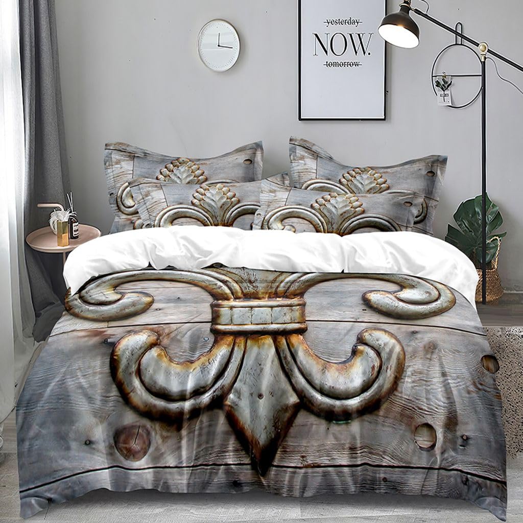 Flowers Fleur De Lis Duvet Cover Set King Include 1 Duvet Cover 2 Pillowcases Vintage Flower Iron Tin Antique Ornate Rustic Sign Wooden Comforter Cover Microfiber Soft Bedding Sets