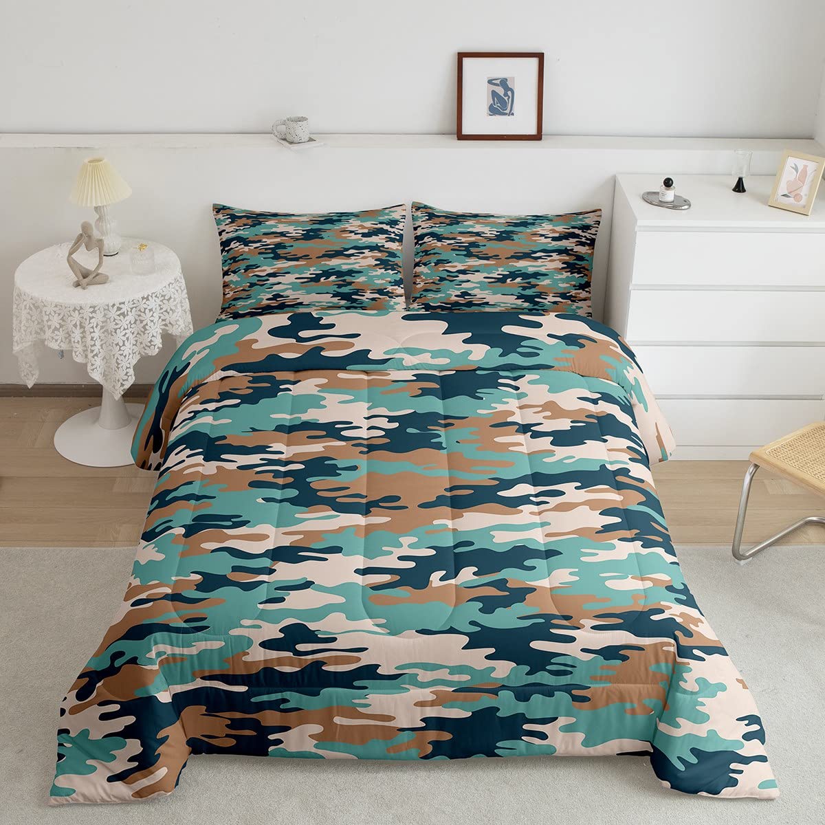 Camouflage Comforter Set Youth Army Camo Bedding Set for Kids Boys Girls 3D Military Art Comforter Teal Blue Brown Decor Quilt Set Room 3Pcs Queen Size