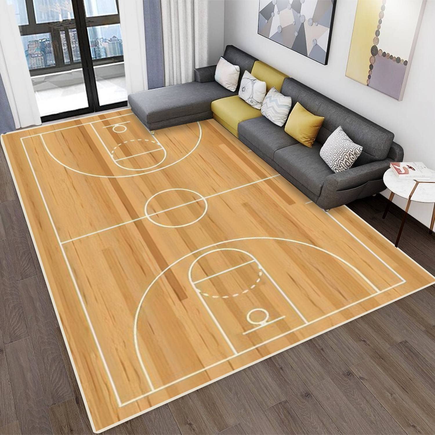 Area Rugs for Living Room Bedroom Basketball Court Floor with line on Wood Texture Non-Slip Rugs Stain Resistant Modern Carpet Abstract Mat Indoor/Outdoor Pad for Home Decor