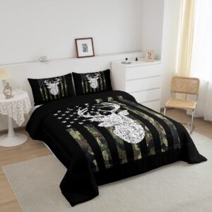 Deer Camo Comforter Set Queen Antlers Hunting Camo Bedding Sets For Teen Boys Men Camouflage American Flag Bed Comforter Set ,Western Farmhouse Wild Animal Bedding Quilt Black White Home Decor 3 Pcs