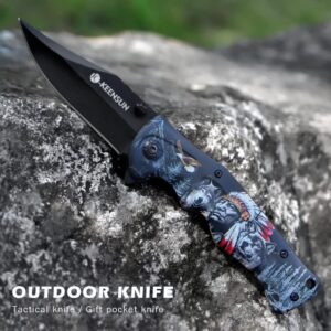 KEENSUN Pocket Folding Knife –Tactical Knife, Hunting Knife, Flipper Knife,EDC Knife.Speed Safe Spring Assisted Opening Knifes with Liner Lock,Thumb stud and Pocketclip.Good for Camping, Hiking, Indoor and Outdoor Activities,Native american & wolf 3D Prin