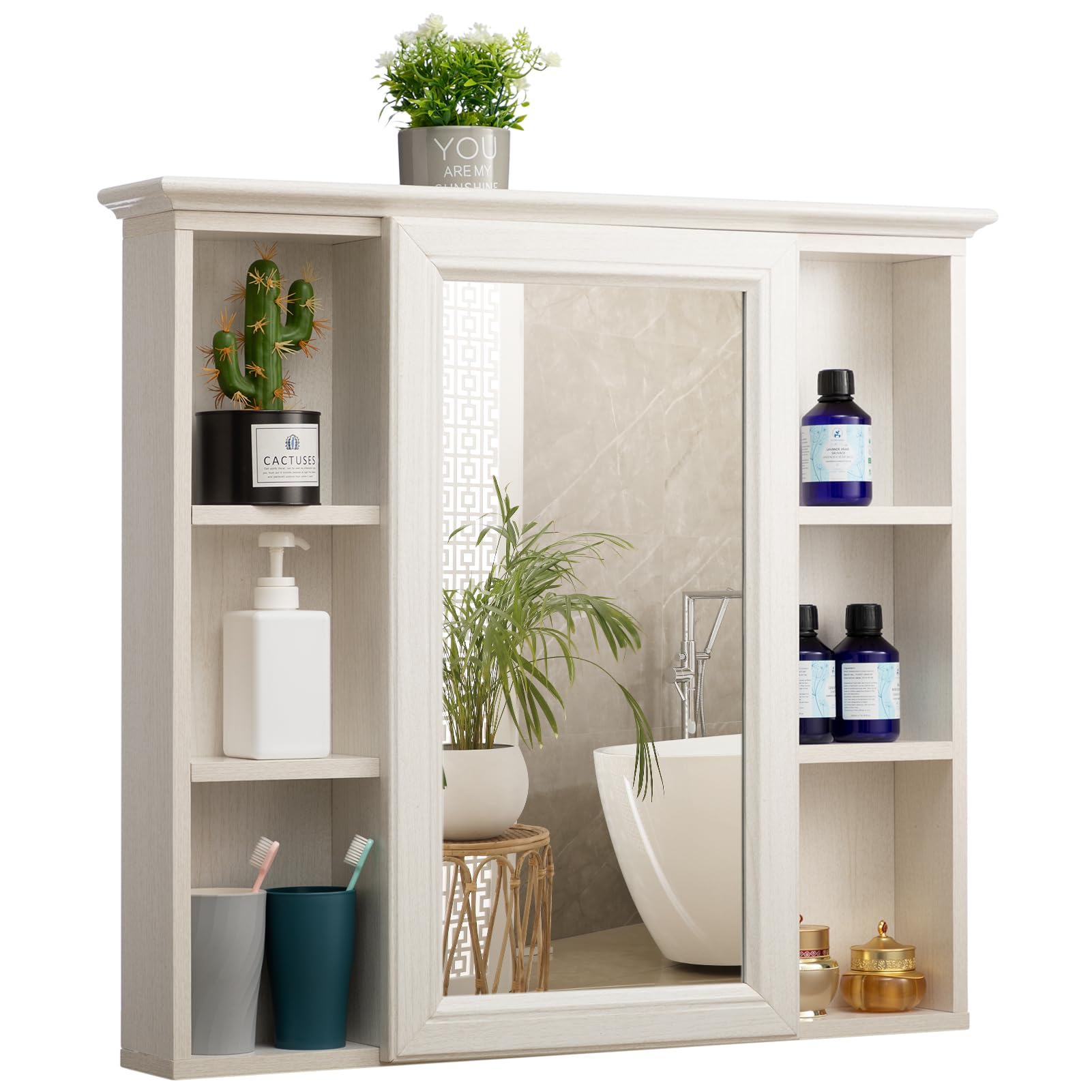 ALIMORDEN Mirror Medicine Cabinet with Shelves, Bathroom Wall Storage Cabinet, 30 Inch x 28 Inch, Over The Vanity, Toilet (No Back Board), White with Wood Grain