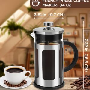 FAVIA 34 Ounce French Press Coffee Maker Heat Resistant Thick Glass with Stainless Steel Coffee Tea Press Dishwasher Safe (34oz, Stainless Silver)