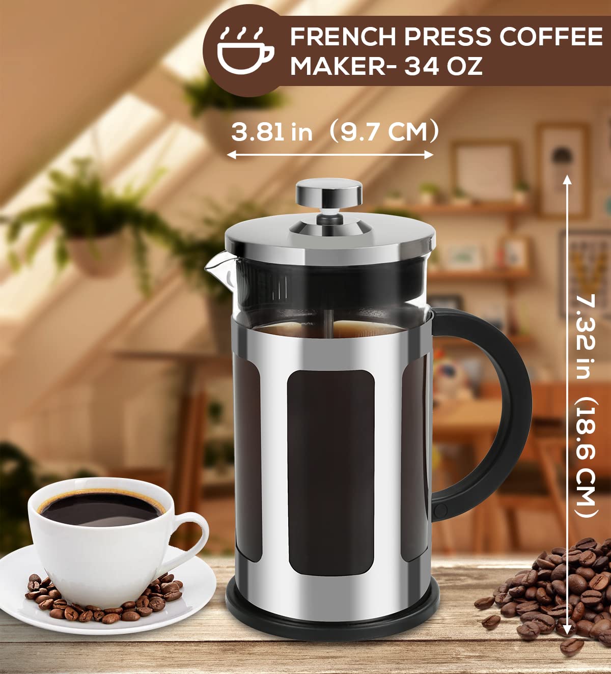 FAVIA 34 Ounce French Press Coffee Maker Heat Resistant Thick Glass with Stainless Steel Coffee Tea Press Dishwasher Safe (34oz, Stainless Silver)