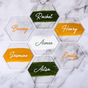 120 pieces clear acrylic place cards wedding blank hexagon tiles seating cards handwritten name plate diy table numbers card for wedding banquet birthday party decoration mini food sign (120 pieces)