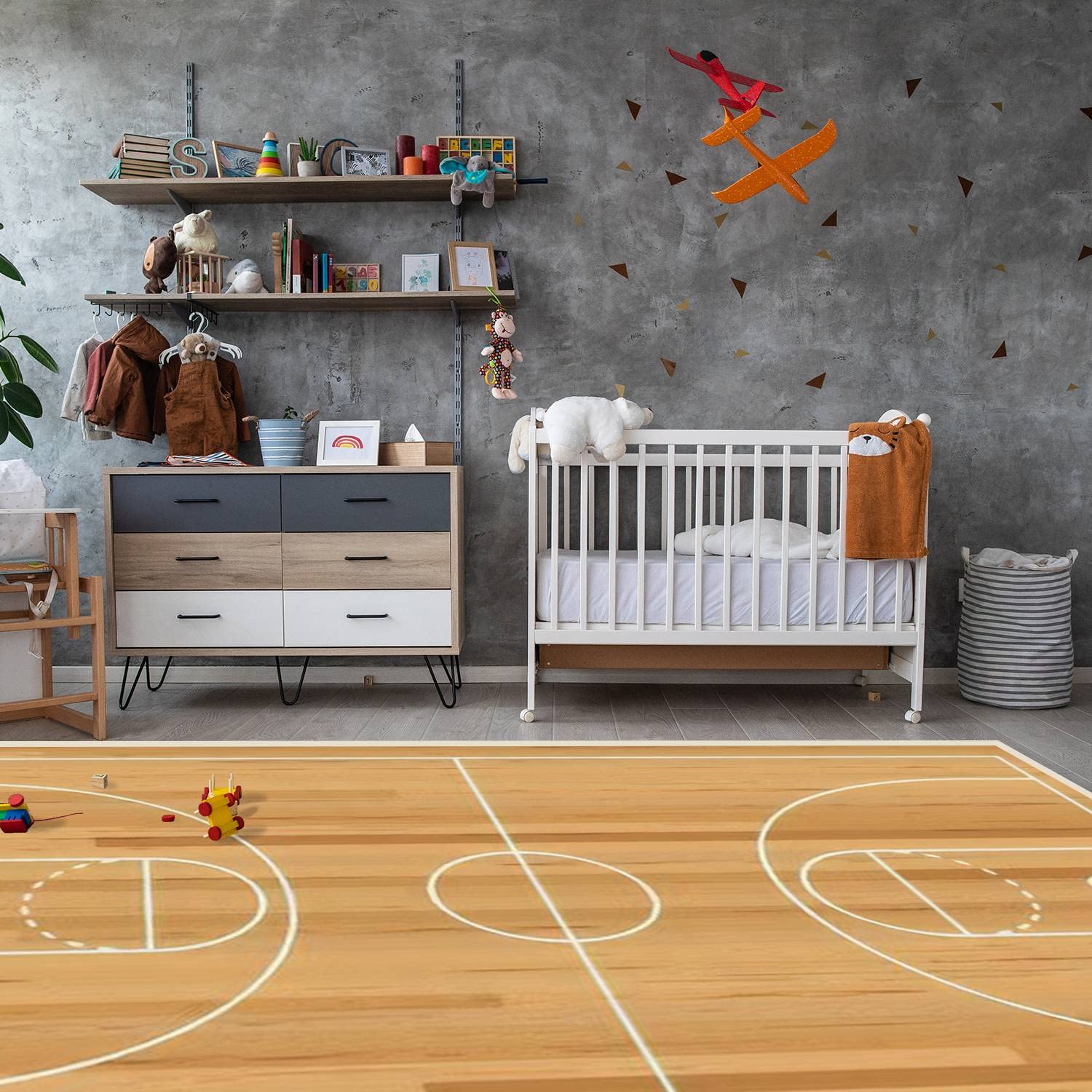 Area Rugs for Living Room Bedroom Basketball Court Floor with line on Wood Texture Non-Slip Rugs Stain Resistant Modern Carpet Abstract Mat Indoor/Outdoor Pad for Home Decor