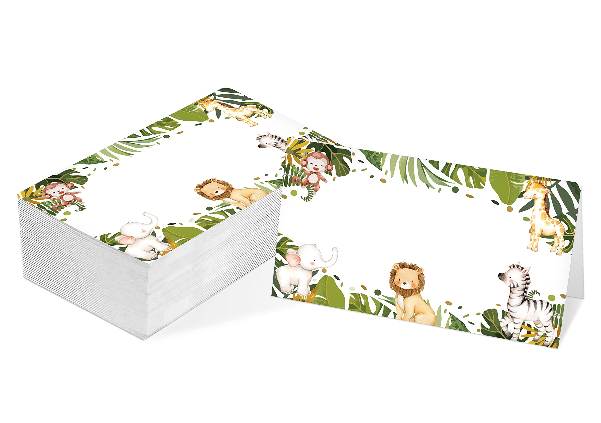 Table Place Card, Jungle Safari Animals Themed Tent Style Cards, Pack of 25 Half-Fold Reception Place Card, Wild Animal Food Labels, Perfect for Baby Shower, Birthday Party C04