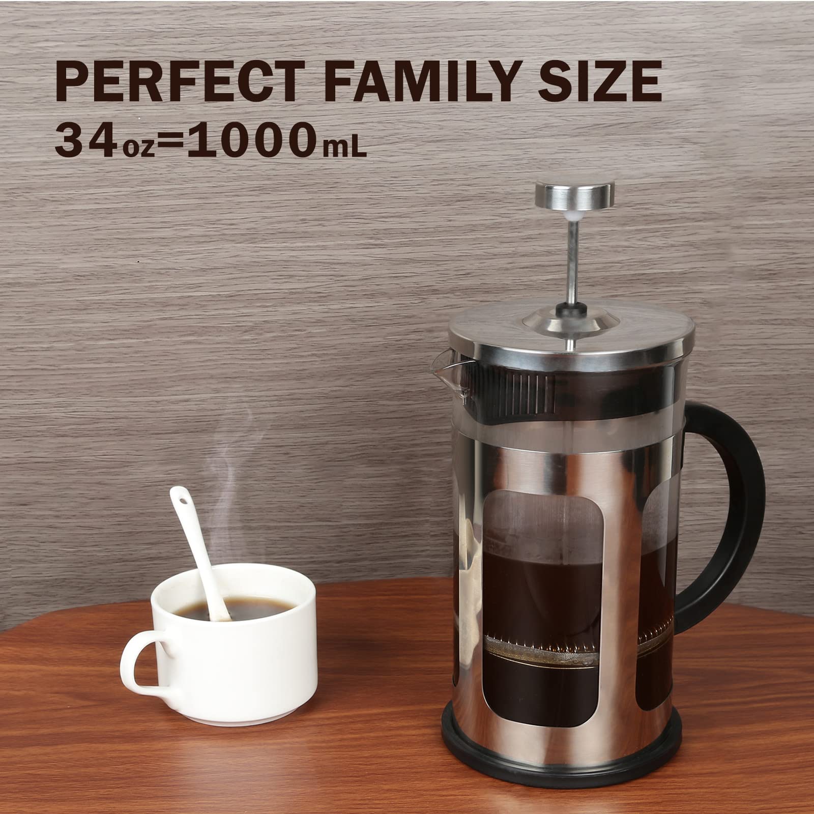 FAVIA 34 Ounce French Press Coffee Maker Heat Resistant Thick Glass with Stainless Steel Coffee Tea Press Dishwasher Safe (34oz, Stainless Silver)