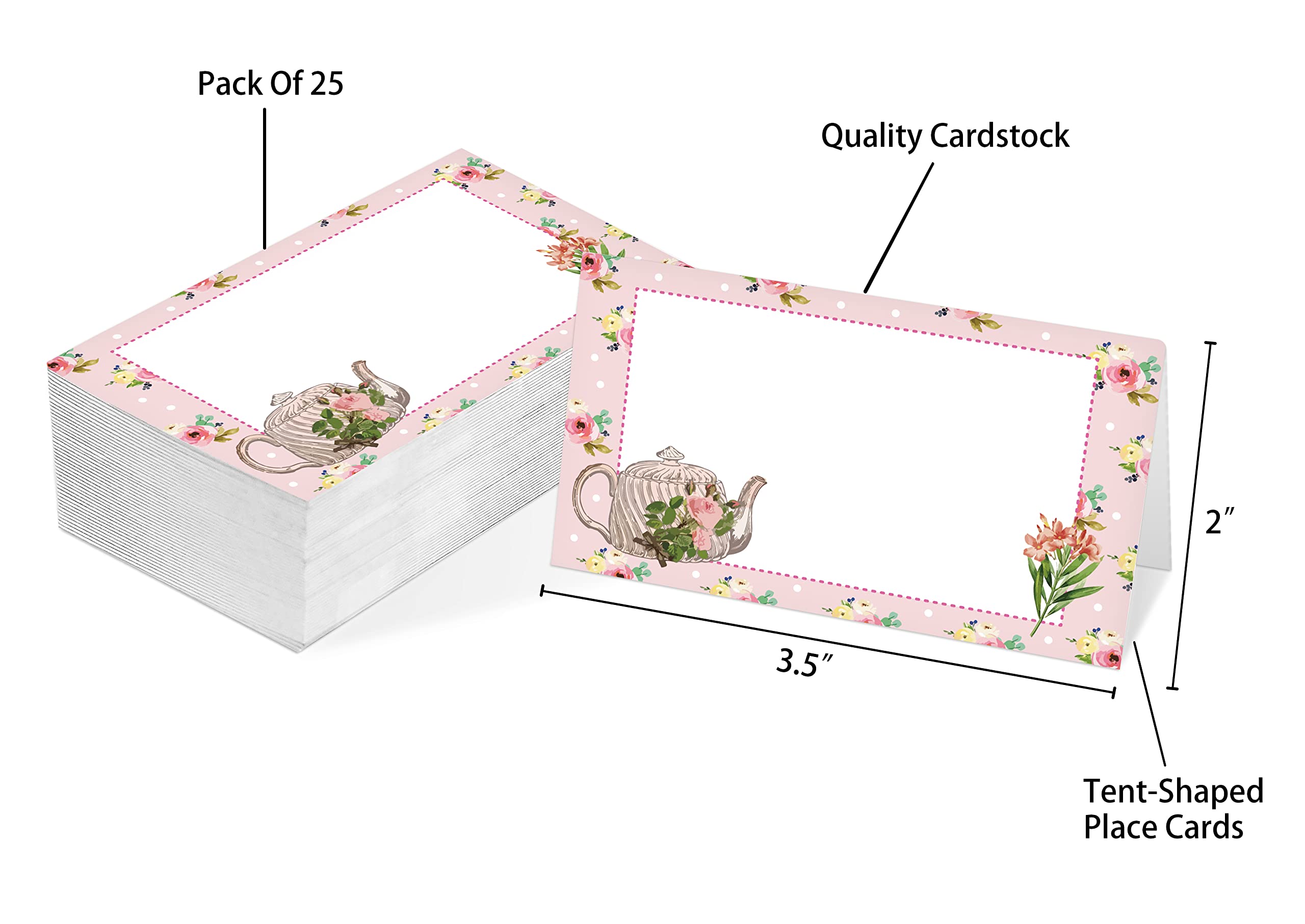 Table Place Card, Tea Party Themed Tent Style Cards, Pack of 25 Half-Fold Reception Place Card, Perfect for Bride Shower, Birthday Party, Banquet and Special Events C25