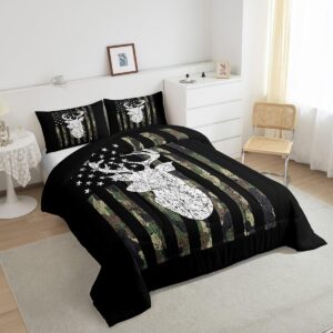 Deer Camo Comforter Set Queen Antlers Hunting Camo Bedding Sets For Teen Boys Men Camouflage American Flag Bed Comforter Set ,Western Farmhouse Wild Animal Bedding Quilt Black White Home Decor 3 Pcs