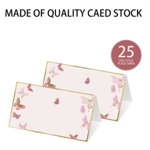 Place Cards for Pink Butterfly Party, Editable Name Place Cards, Seating Place Cards for Tables, Tent Style Cards for Wedding, Bride & Baby Shower, Easy Folding, Pack of 25 Escort Cards(B06)