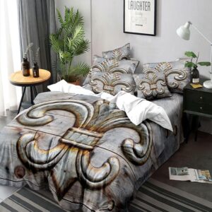 Flowers Fleur De Lis Duvet Cover Set King Include 1 Duvet Cover 2 Pillowcases Vintage Flower Iron Tin Antique Ornate Rustic Sign Wooden Comforter Cover Microfiber Soft Bedding Sets