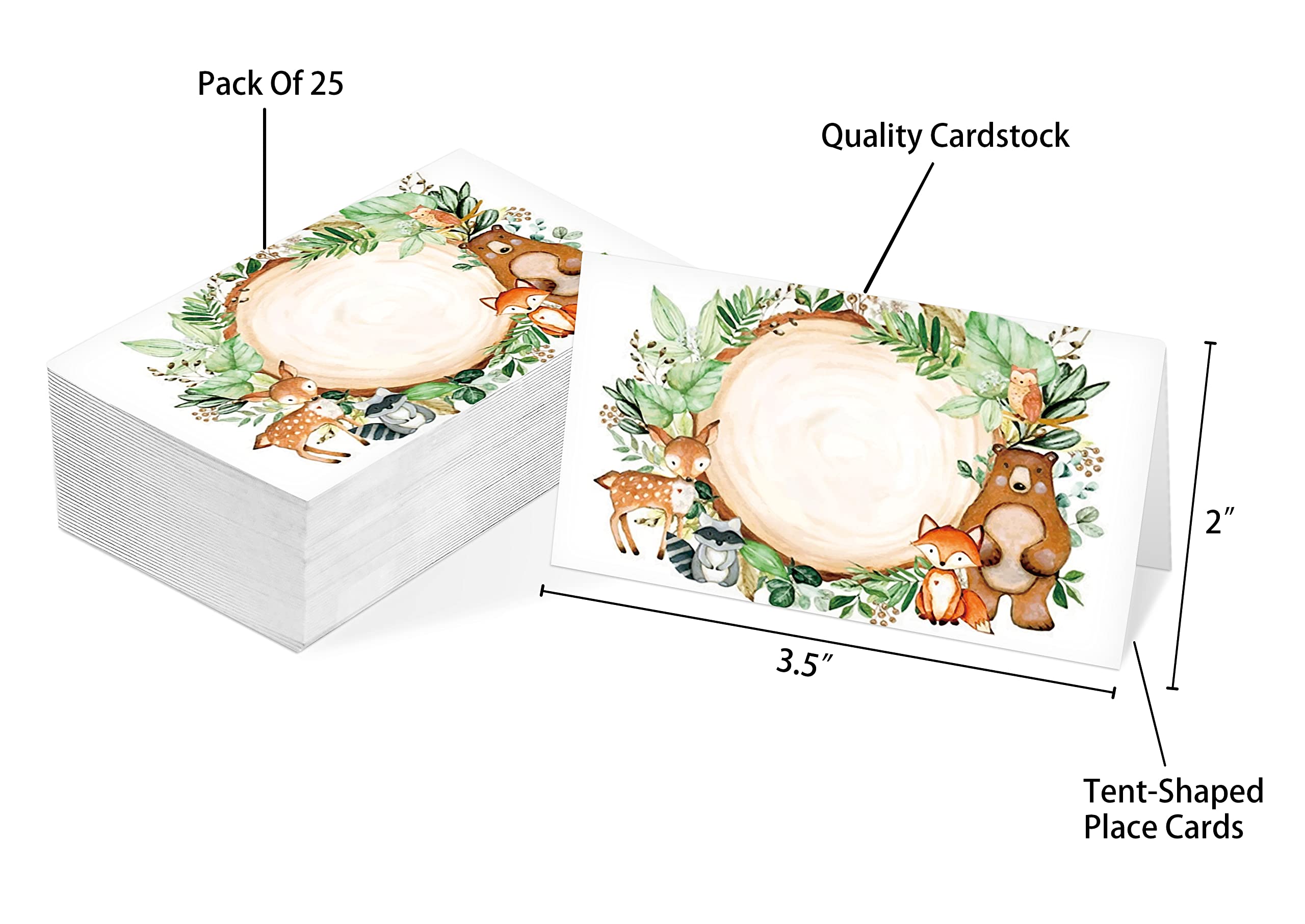 Table Place Card, Woodland Animals Themed Tent Style Cards, Pack of 25 Half-Fold Reception Place Card, Botanical Forest Food Labels, Perfect for Greenery Baby Shower, Birthday Party(C01)