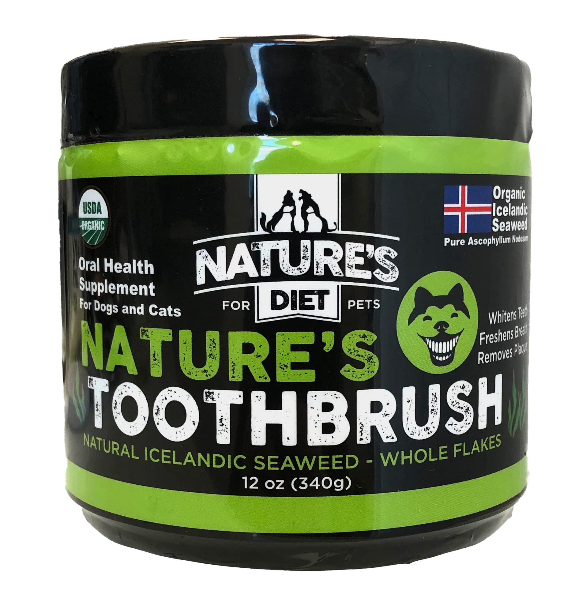 Nature's Diet Nature's Toothbrush Icelandic Seaweed Whole Flakes Oral Health Breath and Build-up Control Daily Meal Topper for Dogs & Cats