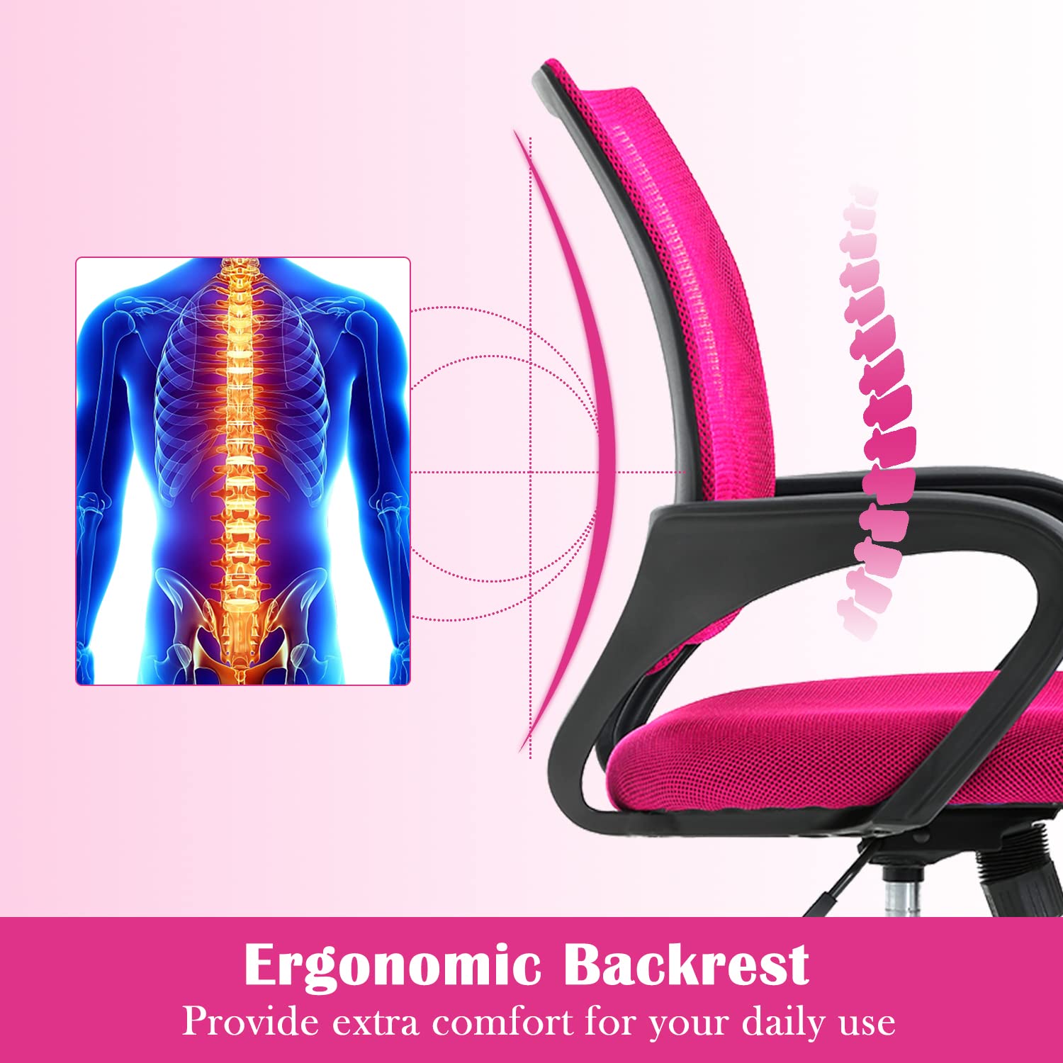 Pink Office Chair Ergonomic Desk Chair Mesh Computer Chair with Lumbar Support& Armrest, Adjustable Mid Back Executive Task Chairs, Rolling Swivel Chair Kids Desk Chair for Women