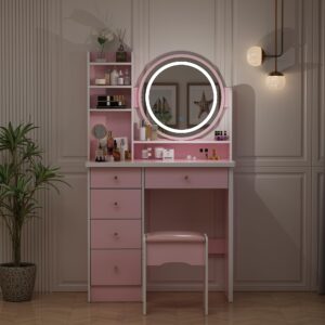 ECACAD Vanity Desk Set with LED Lighted Round Mirror, Makeup Dressing Table with 5 Drawers, Storage Shelves & Cushioned Stool for Bedroom, Pink