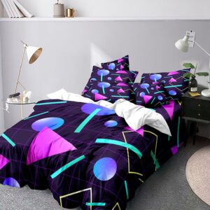 Geometric Duvet Cover Set Queen Include 1 Duvet Cover 2 Pillowcases Vaporwave 80'S Style Retro 1980S Neon Party Geometric Graphic Comforter Cover Microfiber Soft Bedding Sets