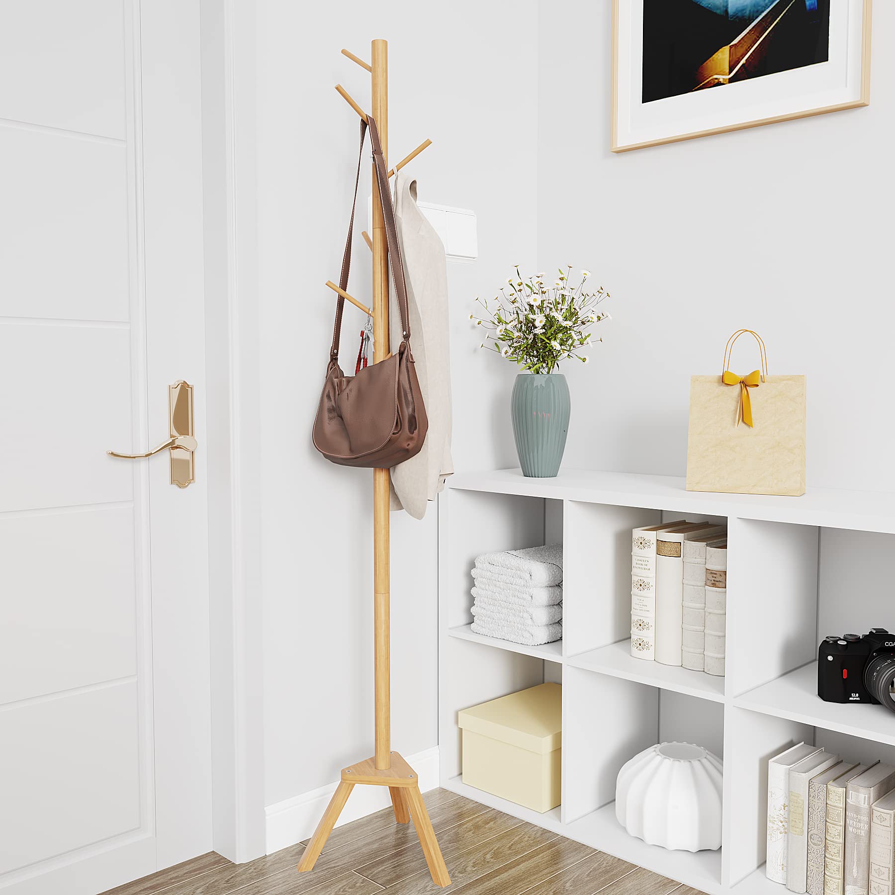 Sywhitta Coat Rack Stand, Premium Bamboo Free Standing Coat Rack with 6 Hooks, Easy Installation Clothes Hanger Stand, Burlywood