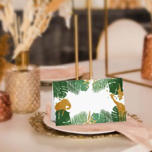 Table Place Card, Jungle Safari Animals Themed Tent Style Cards, Pack of 25 Half-Fold Reception Place Card, Gold Wild Animal Food Labels, Perfect for Baby Shower, Birthday Party C08