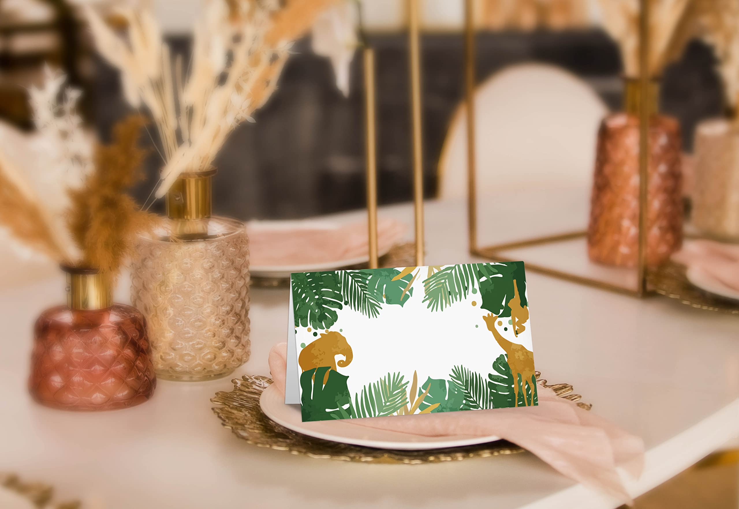 Table Place Card, Jungle Safari Animals Themed Tent Style Cards, Pack of 25 Half-Fold Reception Place Card, Gold Wild Animal Food Labels, Perfect for Baby Shower, Birthday Party C08