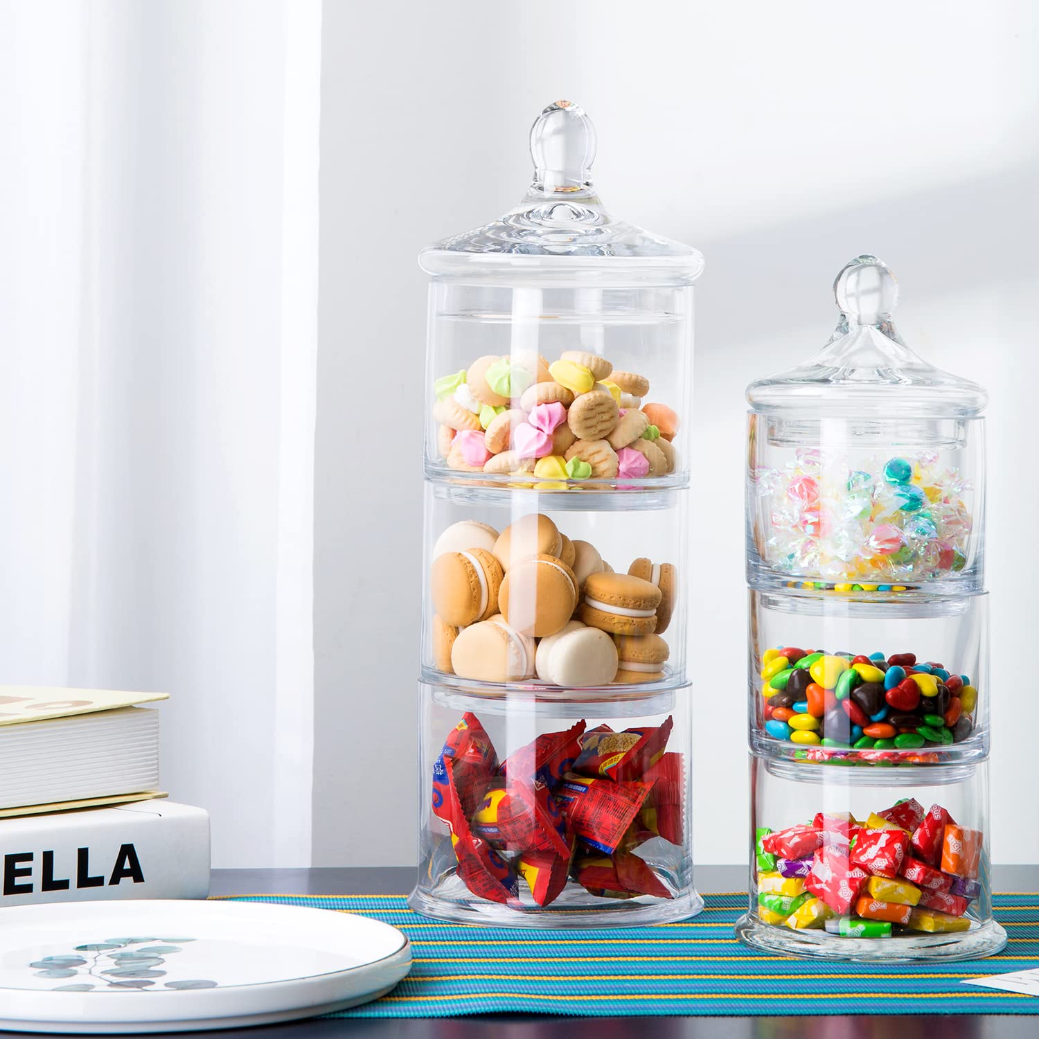 Diamond Star 14.5" 3 Tier Decorative Round Glass Storage Jars with Lids, Decorative Round Stackable Snack Storage Canister with Lid for Sweets, Animal Treats, Nuts, Coffee Bean and Building Blocks