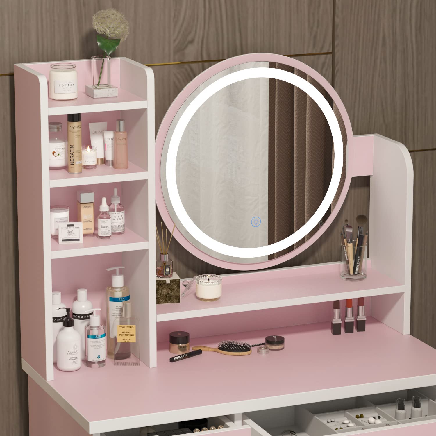 ECACAD Vanity Desk Set with LED Lighted Round Mirror, Makeup Dressing Table with 5 Drawers, Storage Shelves & Cushioned Stool for Bedroom, Pink