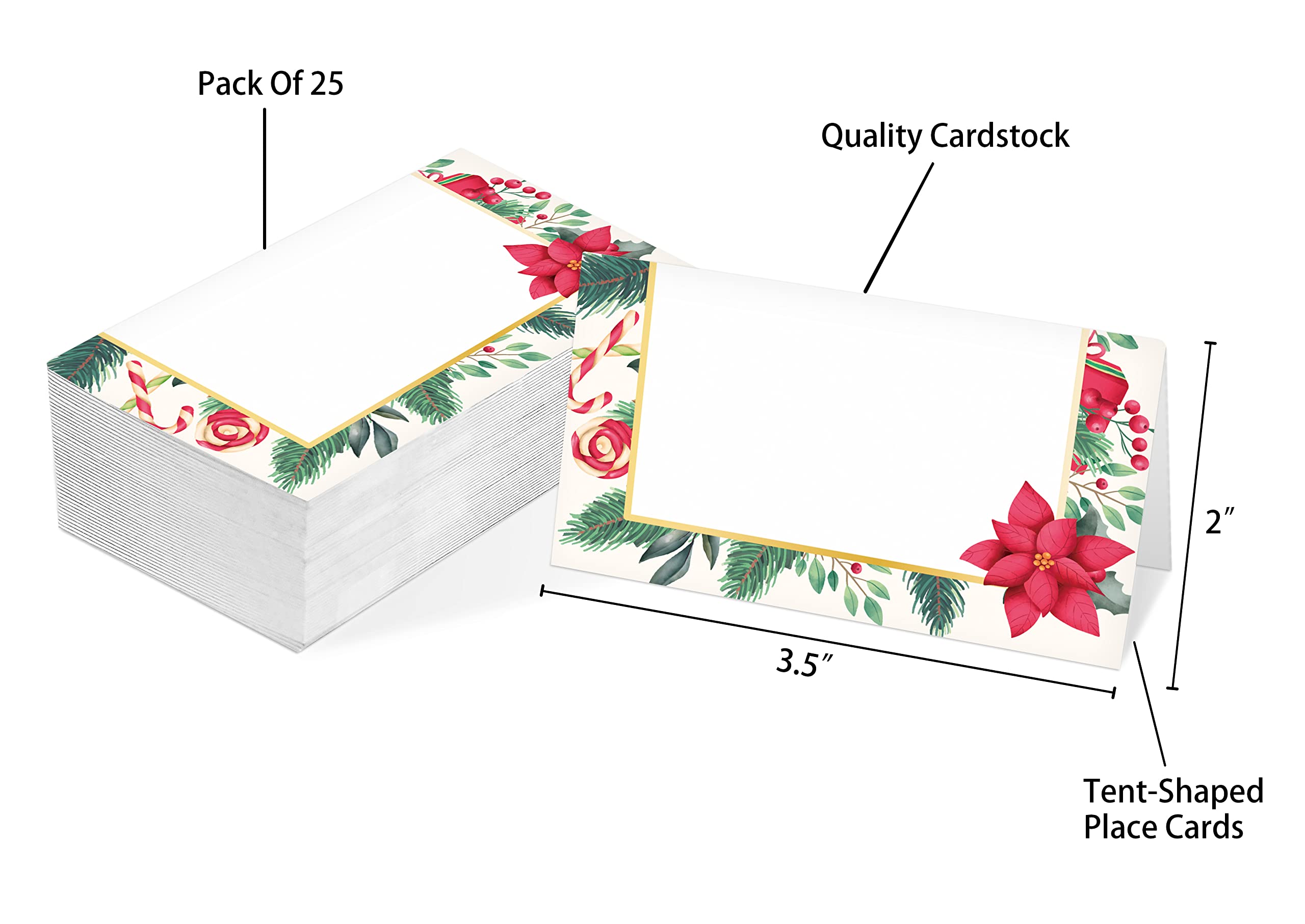 Table Place Card, Christmas Themed Tent Style Cards, Pack of 25 Half-Fold Reception Place Card, Perfect for Christmas Party, Birthday, Wedding, Bridal Shower, Baby Shower, Banquet C21