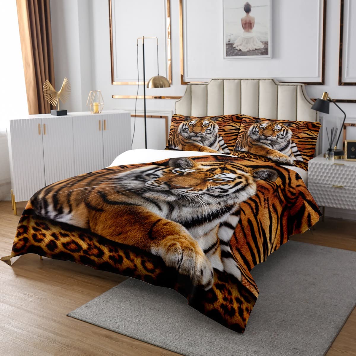 Manfei Tiger 3D Print Bedspread Queen Size,Wild Animals Bedding Set 3pcs for Kids Teens Boys Room Decor,Animal Fur Quilted Coverlet Leopard Soft Breathable Bedding Quilt with 2 Pillowcases