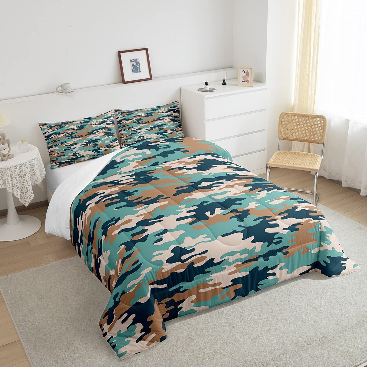 Camouflage Comforter Set Youth Army Camo Bedding Set for Kids Boys Girls 3D Military Art Comforter Teal Blue Brown Decor Quilt Set Room 3Pcs Queen Size