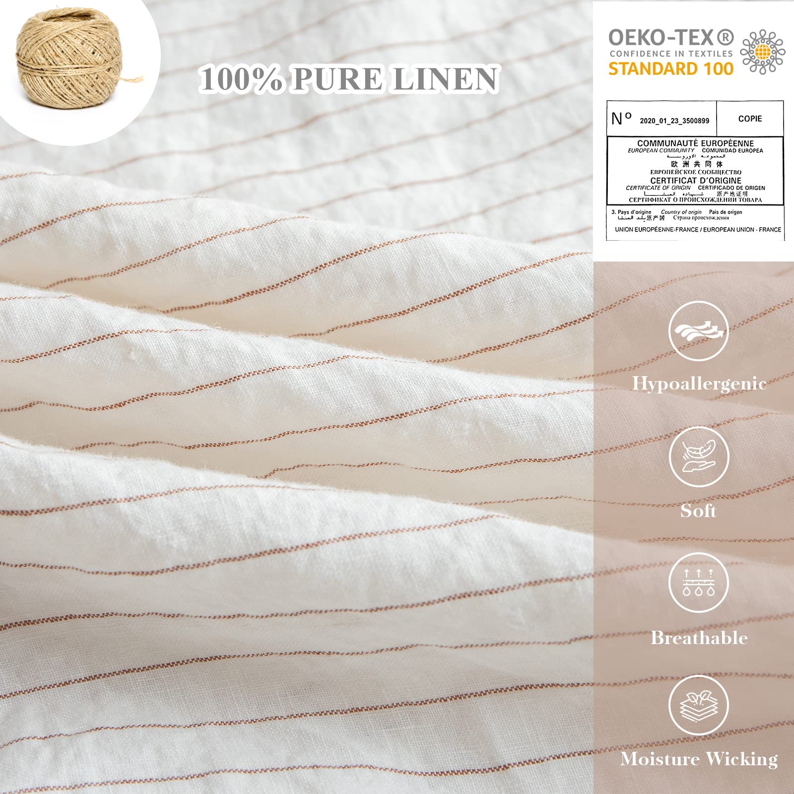 Simple&Opulence 100% Pure Linen Duvet Cover Set, 3Pcs Striped Washed Natural Flax Bedding Set with Button Closure, Soft Breathable Durable Farmhouse,1Duvet Cover and 2Pillowshams (Queen, Brown Stripe)