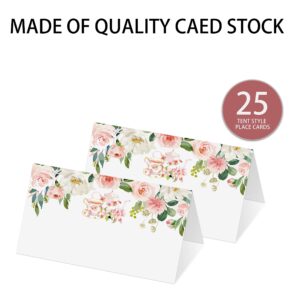 Place Cards for Floral Party, Editable Name Place Cards, Seating Place Cards for Tables, Tent Style Cards for Wedding, Valentine's Day, Bride & Baby Shower, Easy Folding, Pack of 25 Escort Cards(B17)