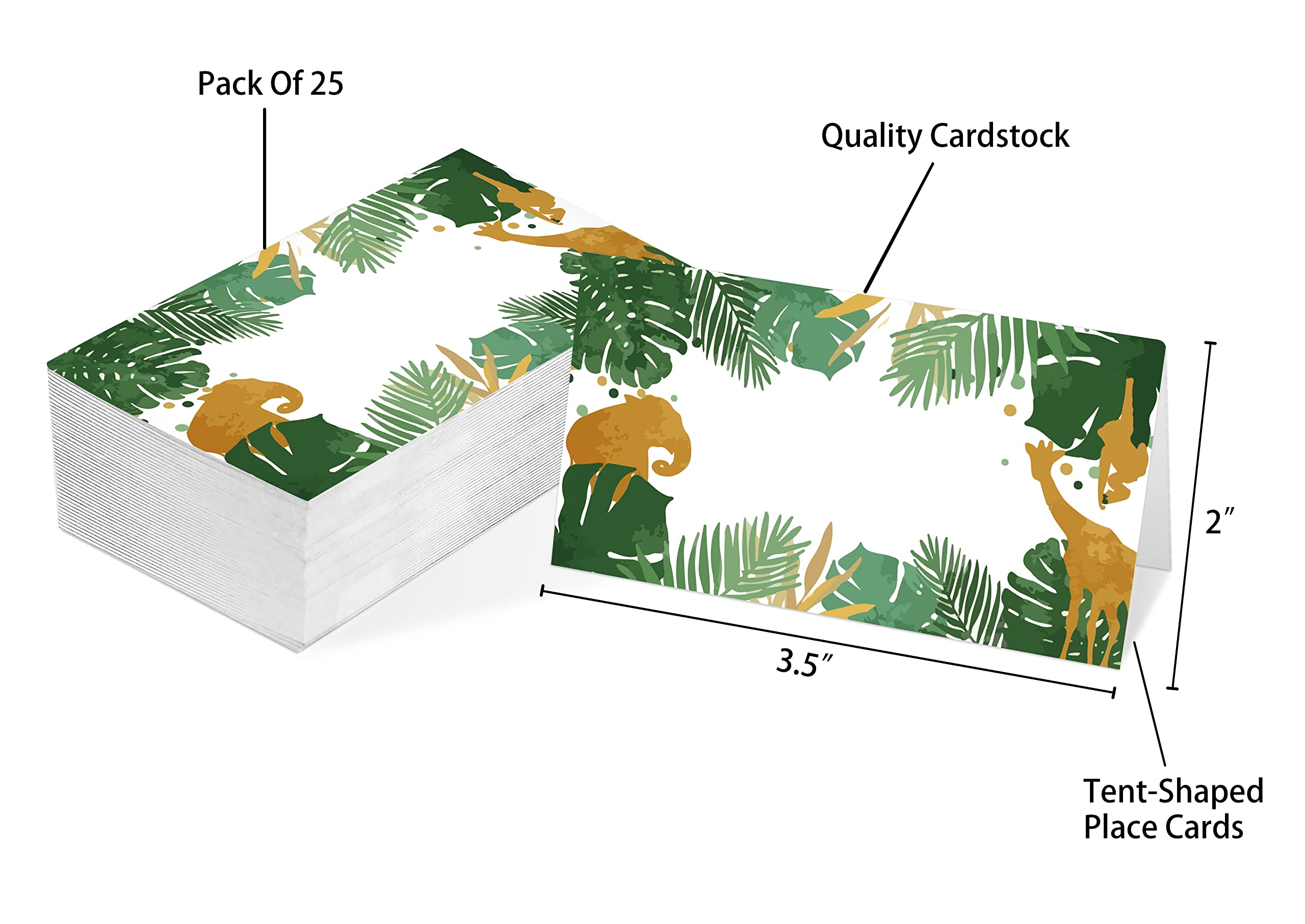 Table Place Card, Jungle Safari Animals Themed Tent Style Cards, Pack of 25 Half-Fold Reception Place Card, Gold Wild Animal Food Labels, Perfect for Baby Shower, Birthday Party C08