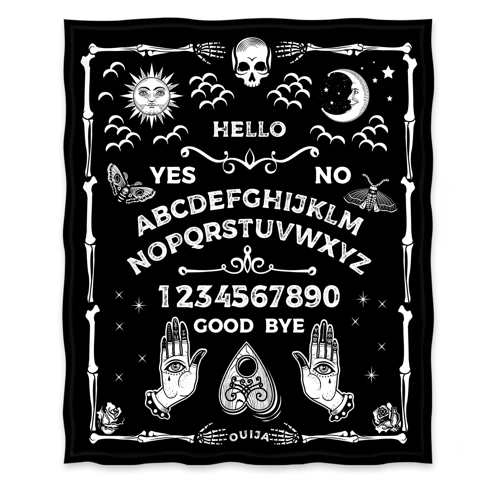 Jekeno Ouija Board Blanket Gothic Witch Gift for Halloween Sun Moon Skeleton Skull Horror Spooky Presents for Women Kids Girls Boys Men Birthday Christmas Decor Throw Blankets Black 50"x60"