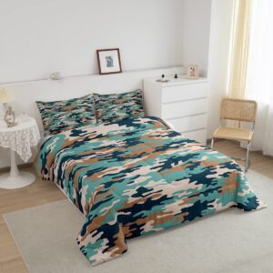 Camouflage Comforter Set Youth Army Camo Bedding Set for Kids Boys Girls 3D Military Art Comforter Teal Blue Brown Decor Quilt Set Room 3Pcs Queen Size