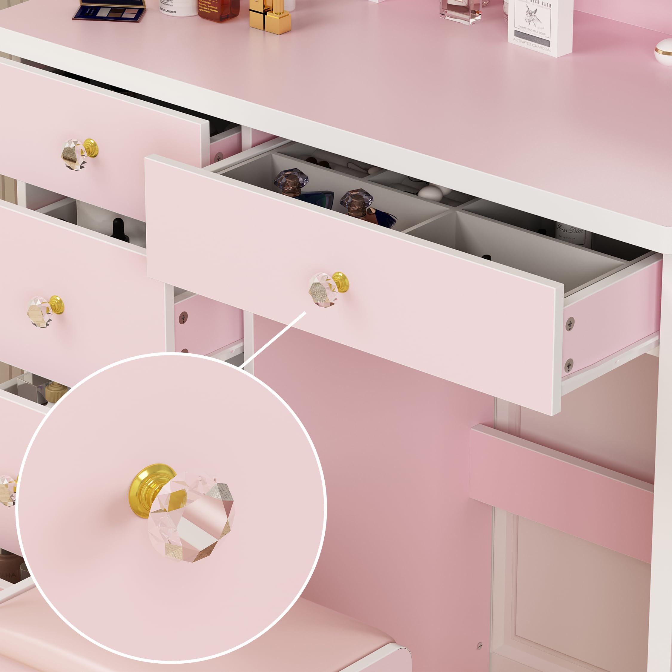 ECACAD Vanity Desk Set with LED Lighted Round Mirror, Makeup Dressing Table with 5 Drawers, Storage Shelves & Cushioned Stool for Bedroom, Pink