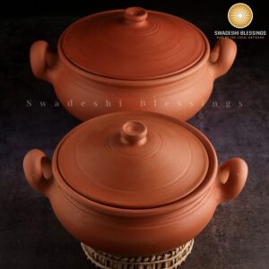 Swadeshi Blessings Exclusive Range Unglazed Clay Pot For Cooking & Serving with Lid/Earthen Kadai/Mud Handi/Mitti Ke Bartan (With Mirror Shine) + FREE ASH For Cleaning (2 Liters)