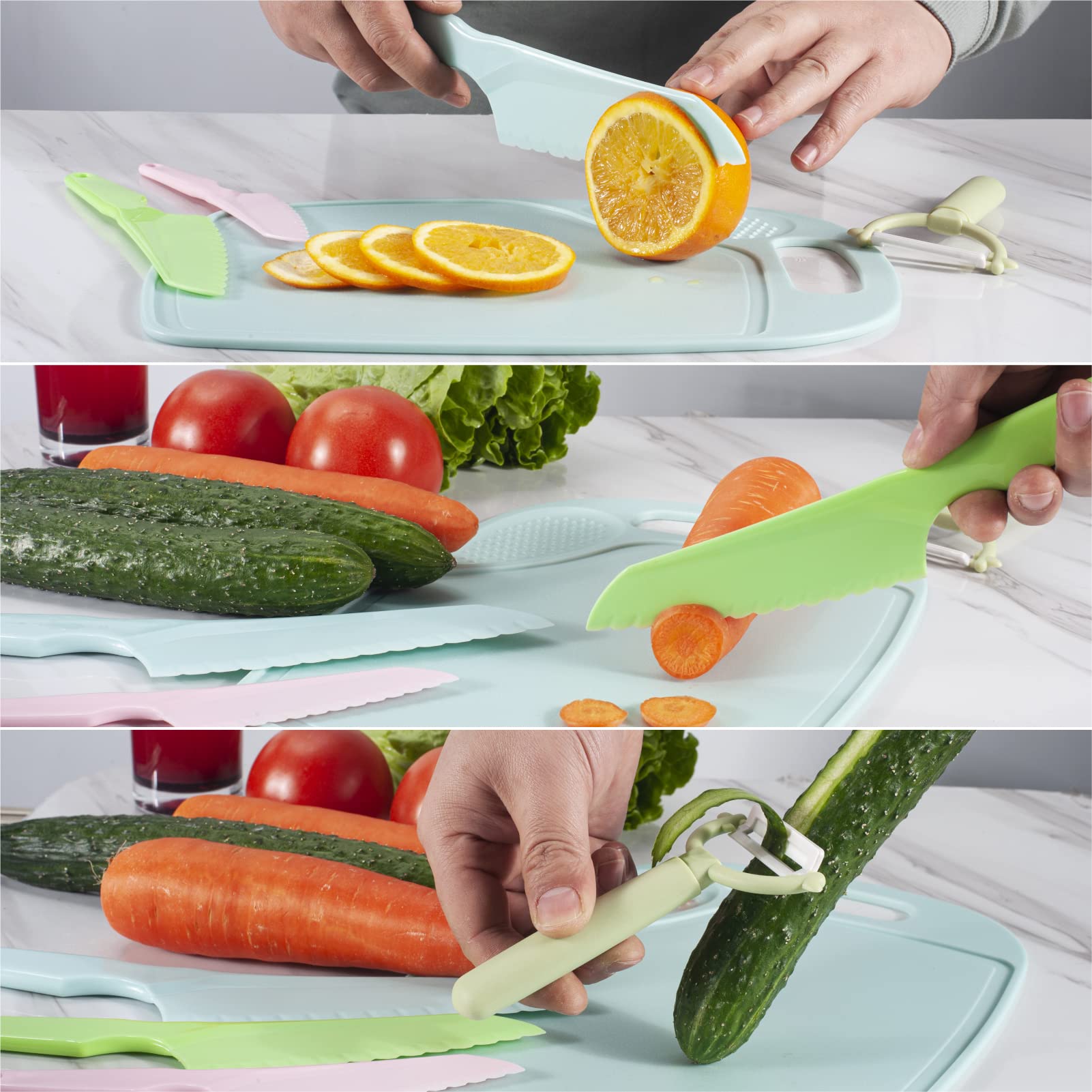 FACATH 5 Pcs Kids Knifes Set, Kitchen Knife and Cutting Board Set, Children's Cooking Knives in 3 Sizes & Colors/Firm Grip, Serrated Edges, BPA-Free Kids' KnivesLettuce and Cutting Board Peeler