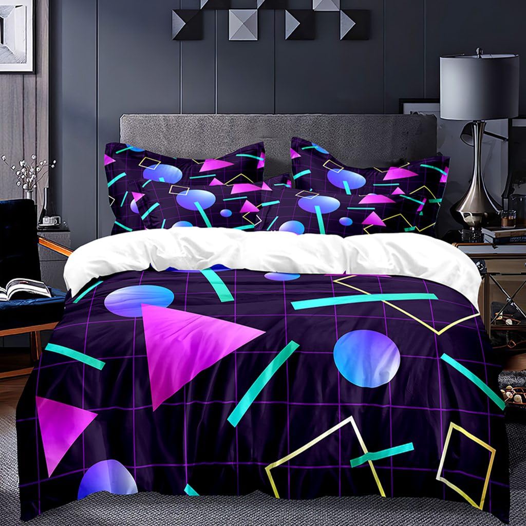 Geometric Duvet Cover Set Queen Include 1 Duvet Cover 2 Pillowcases Vaporwave 80'S Style Retro 1980S Neon Party Geometric Graphic Comforter Cover Microfiber Soft Bedding Sets