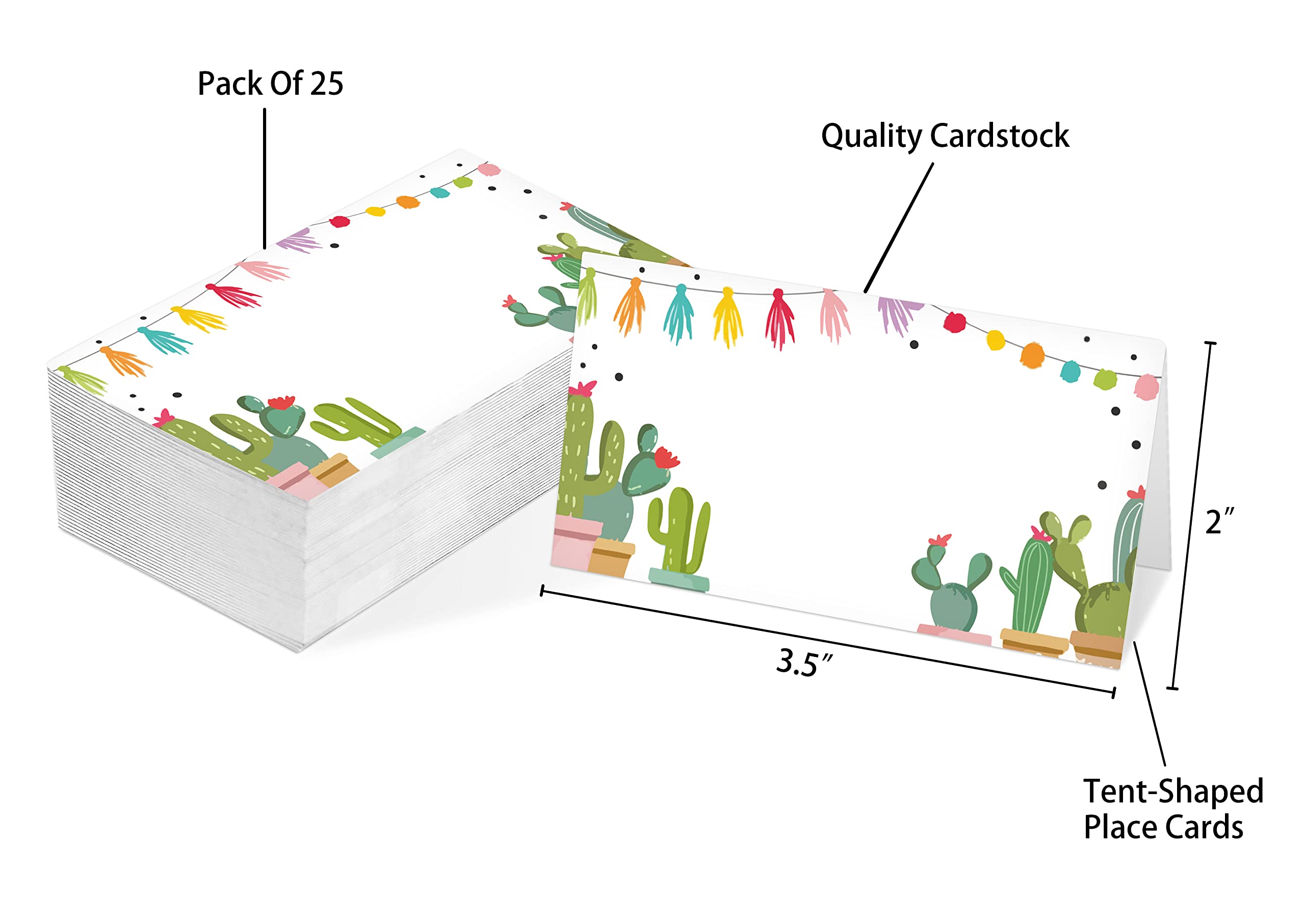 Table Place Card, Mexican Fiesta Themed Tent Style Cards, Pack of 25 Half-Fold Reception Place Card, Fiesta Cactus Food Labels, Fiesta Confetti Decor, Perfect for Baby Shower, Birthday Party C27