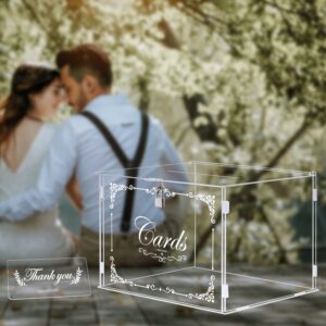 Ywlake Acrylic Wedding Card Box Money Post Gift Box Holder, Clear Card Box Large Letter Envelope Boxes with Lock and Slot for Reception Anniversary Birthday Party Baby Shower