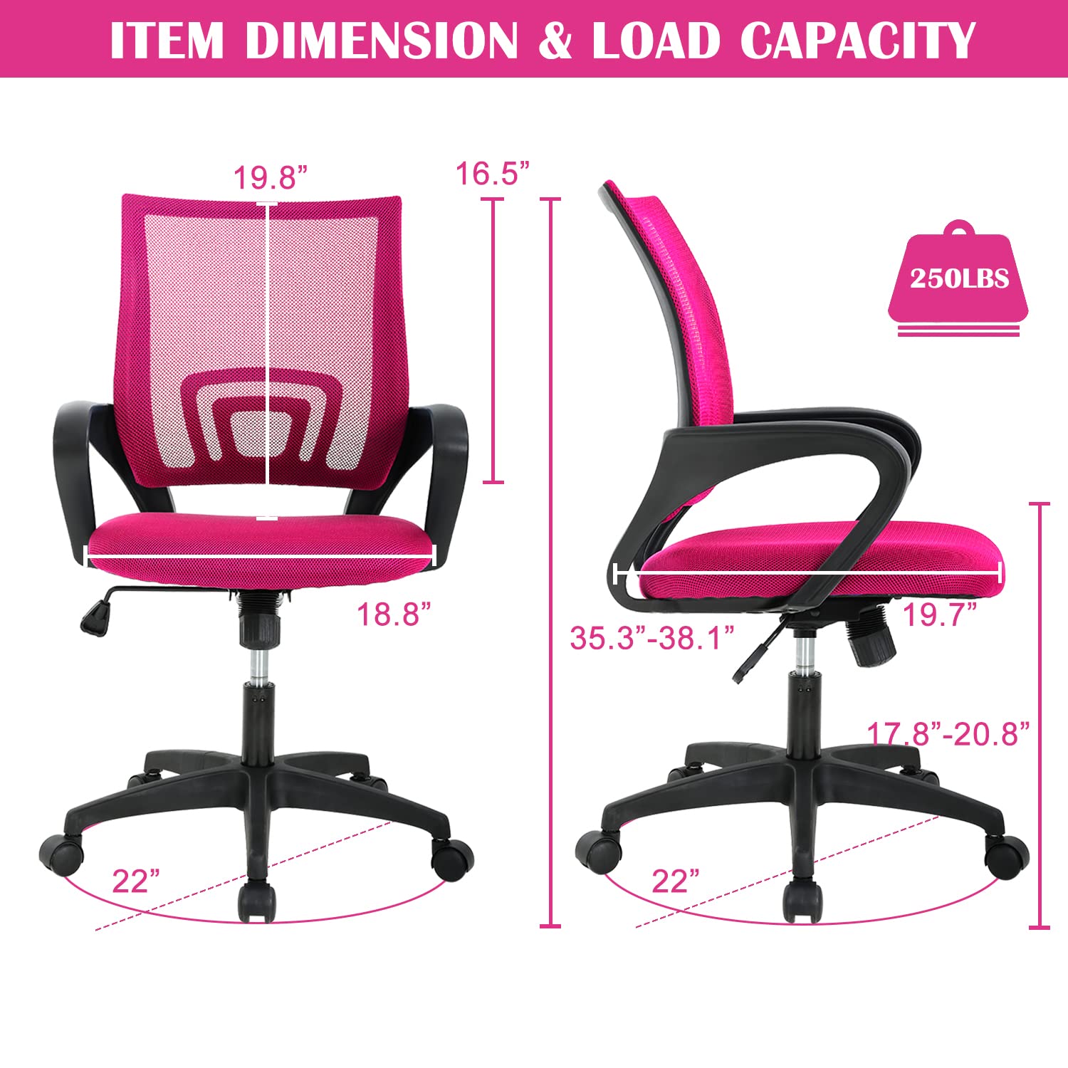 Pink Office Chair Ergonomic Desk Chair Mesh Computer Chair with Lumbar Support& Armrest, Adjustable Mid Back Executive Task Chairs, Rolling Swivel Chair Kids Desk Chair for Women