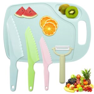 facath 5 pcs kids knifes set, kitchen knife and cutting board set, children's cooking knives in 3 sizes & colors/firm grip, serrated edges, bpa-free kids' kniveslettuce and cutting board peeler