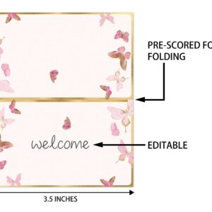 Place Cards for Pink Butterfly Party, Editable Name Place Cards, Seating Place Cards for Tables, Tent Style Cards for Wedding, Bride & Baby Shower, Easy Folding, Pack of 25 Escort Cards(B06)