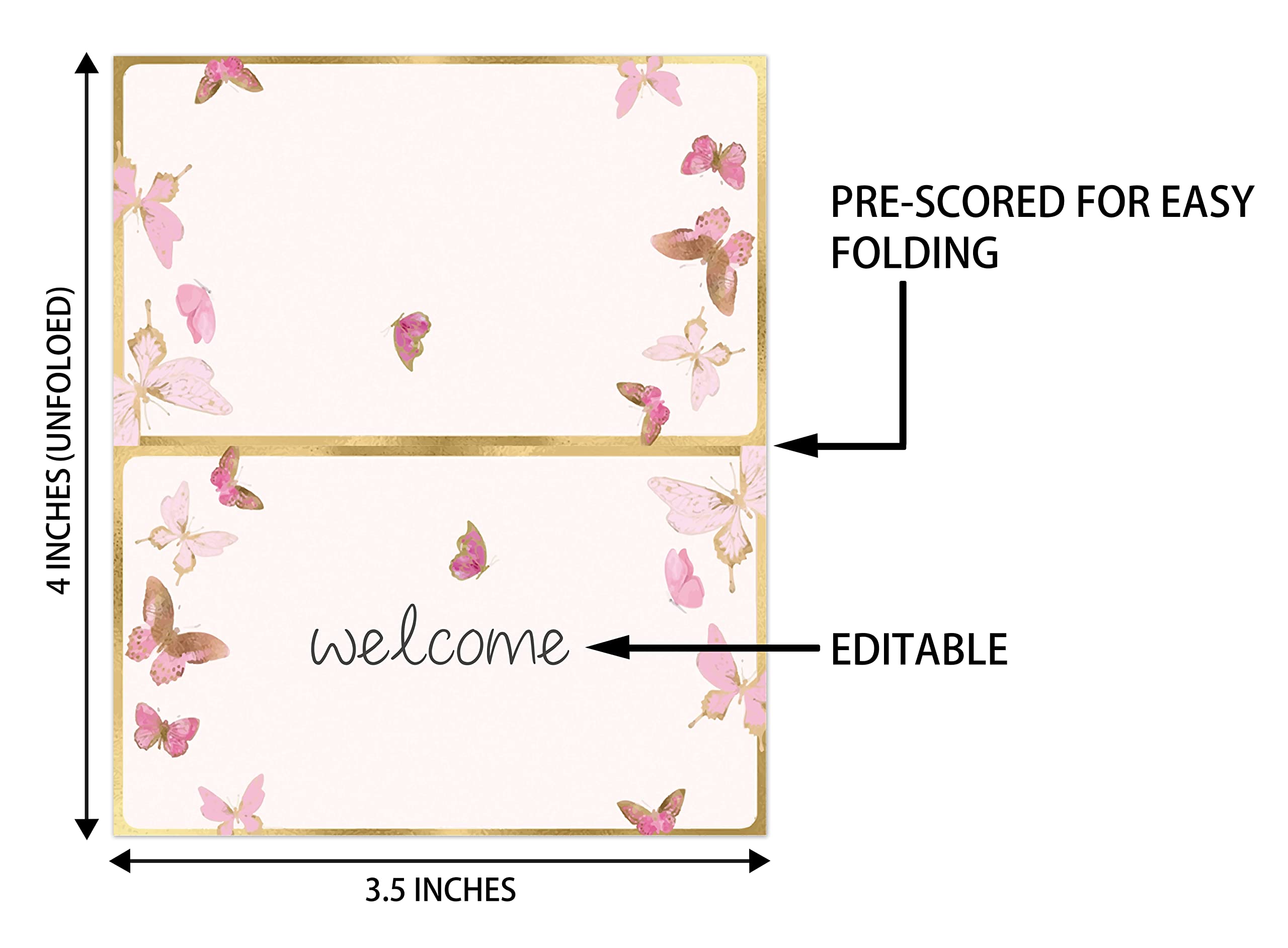 Place Cards for Pink Butterfly Party, Editable Name Place Cards, Seating Place Cards for Tables, Tent Style Cards for Wedding, Bride & Baby Shower, Easy Folding, Pack of 25 Escort Cards(B06)