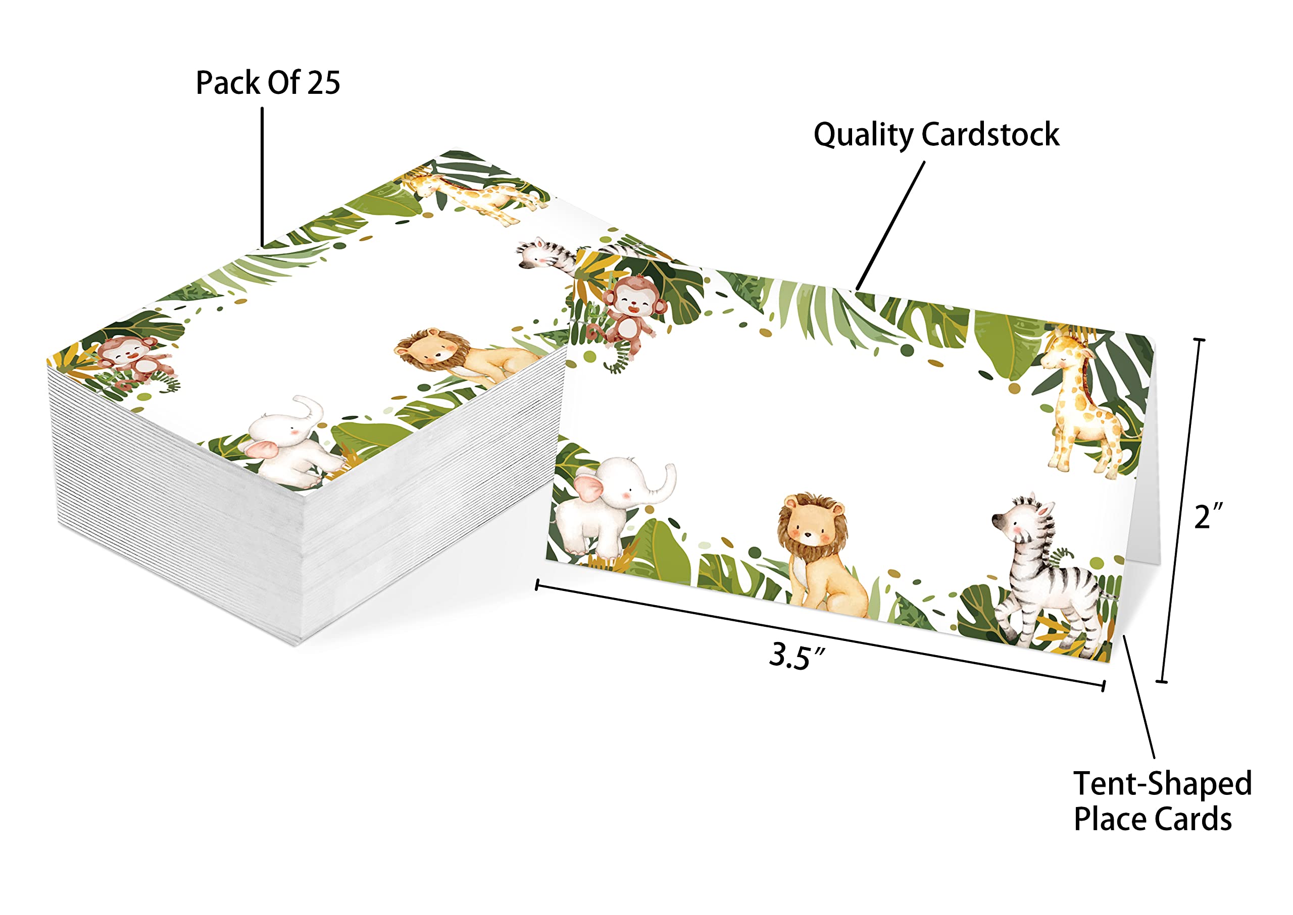 Table Place Card, Jungle Safari Animals Themed Tent Style Cards, Pack of 25 Half-Fold Reception Place Card, Wild Animal Food Labels, Perfect for Baby Shower, Birthday Party C04